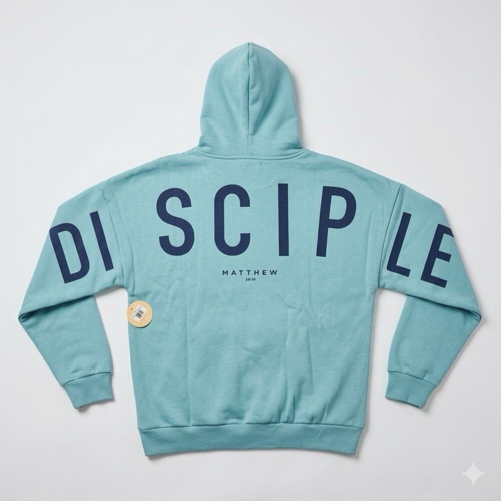 GLO Disciple Christian Hoodie Size Large Teal Matthew 28:19 Oversized Zip Up NWT